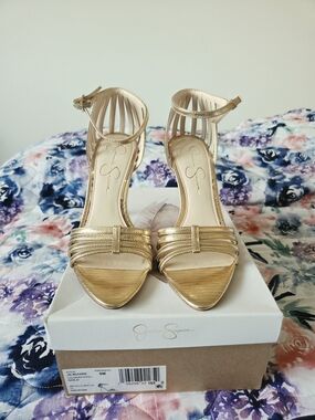 Jessica Simpson Gold Strappy Ankle‑Strap Heels